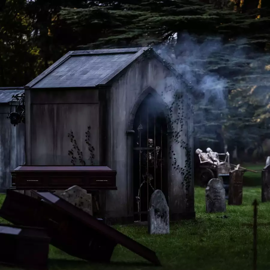 Halloween set in the park at dusk: a smoking stone crypt with skeletons, coffins and gravestones among dark trees