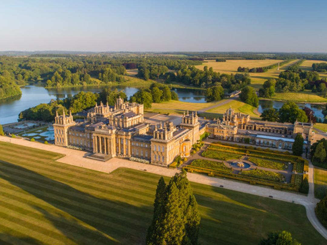 Blenheim Palace from the air, with the lake, the Grand Bridge and the formal gardens