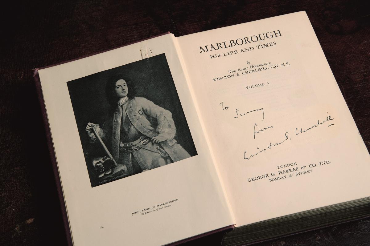 Volume one of Winston Churchill's Marlborough: His Life and Times, inscribed by the author, opposite a portrait plate of the 1st Duke