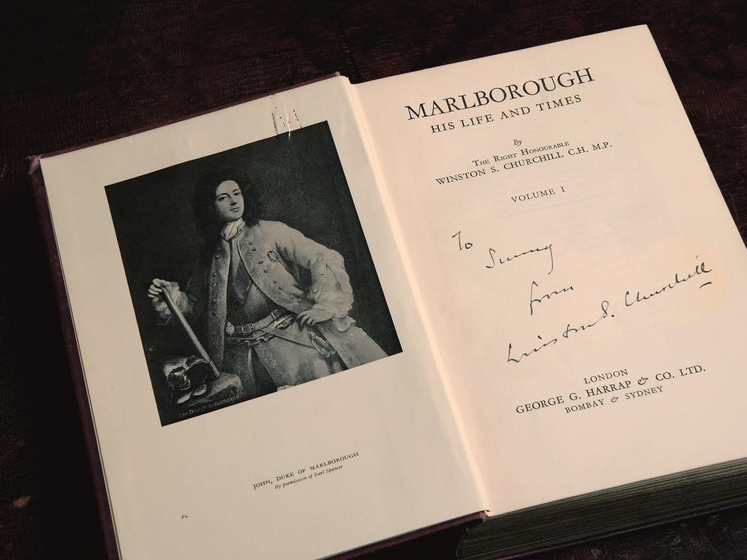 Volume one of Winston Churchill's Marlborough: His Life and Times, inscribed by the author, opposite a portrait plate of the 1st Duke