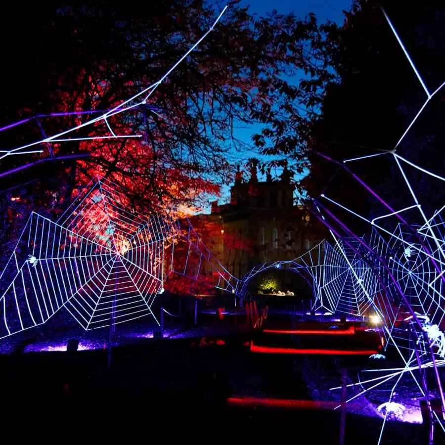 Giant glowing spider webs strung through trees, lit in blue and red, with the Palace silhouetted behind at night