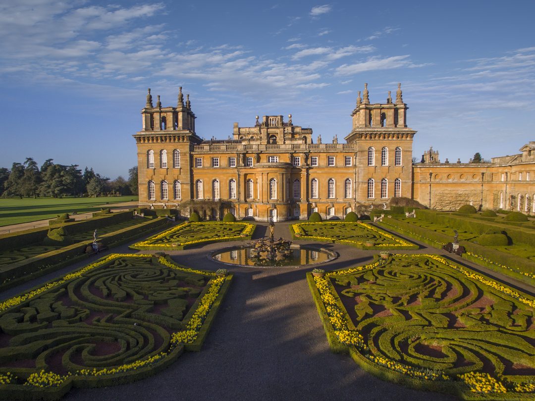 The Palace in spring, seen across formal box parterres with daffodils in flower
