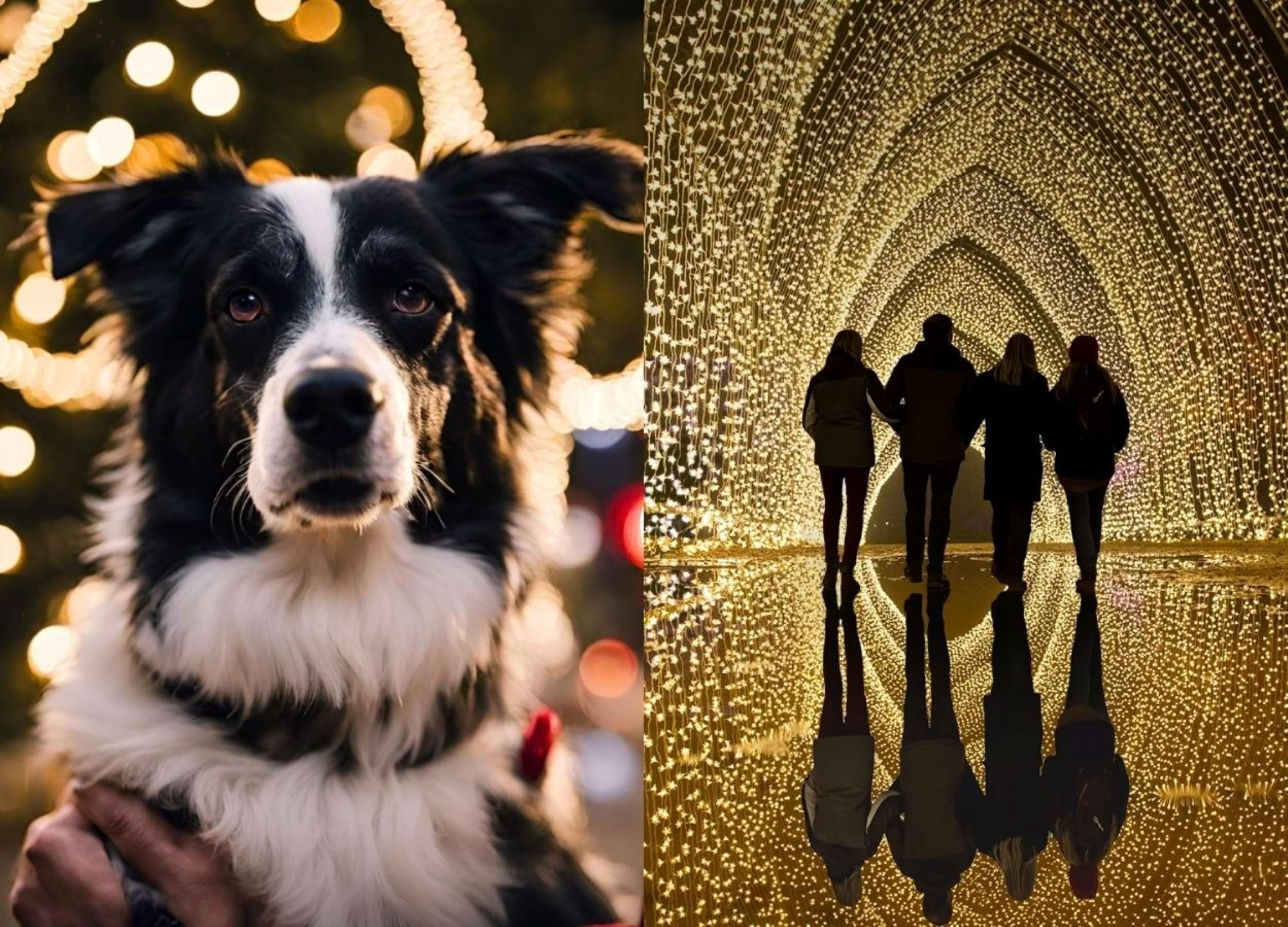 A dog among festive lights alongside visitors walking through an illuminated tunnel