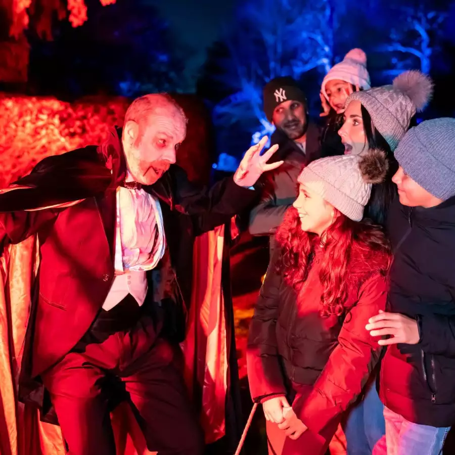 Actor dressed as a vampire in a black cape and bow tie stands in red smoke beside a perched raven