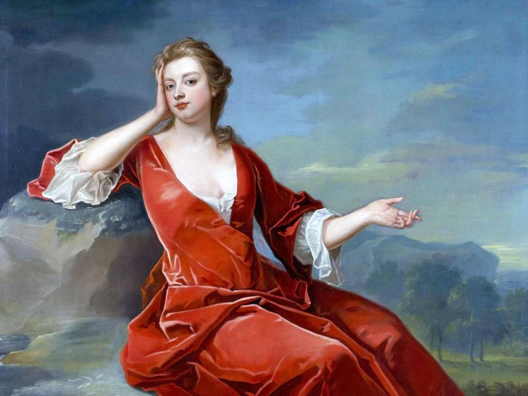 A portrait of Sarah, 1st Duchess of Marlborough, in a red velvet gown against an open landscape