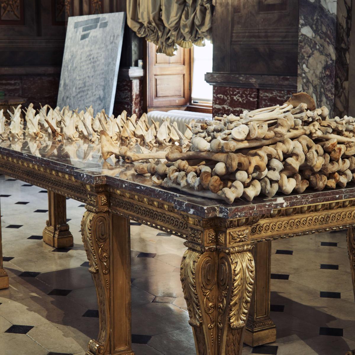 A work by Jenny Holzer, with bones laid out along a gilded console table in the Palace