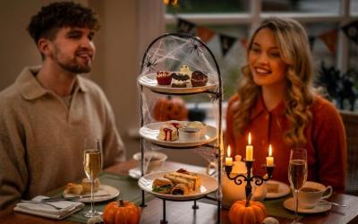 A couple at a candlelit table with sparkling wine and an afternoon tea stand decorated with spider webs and pumpkins