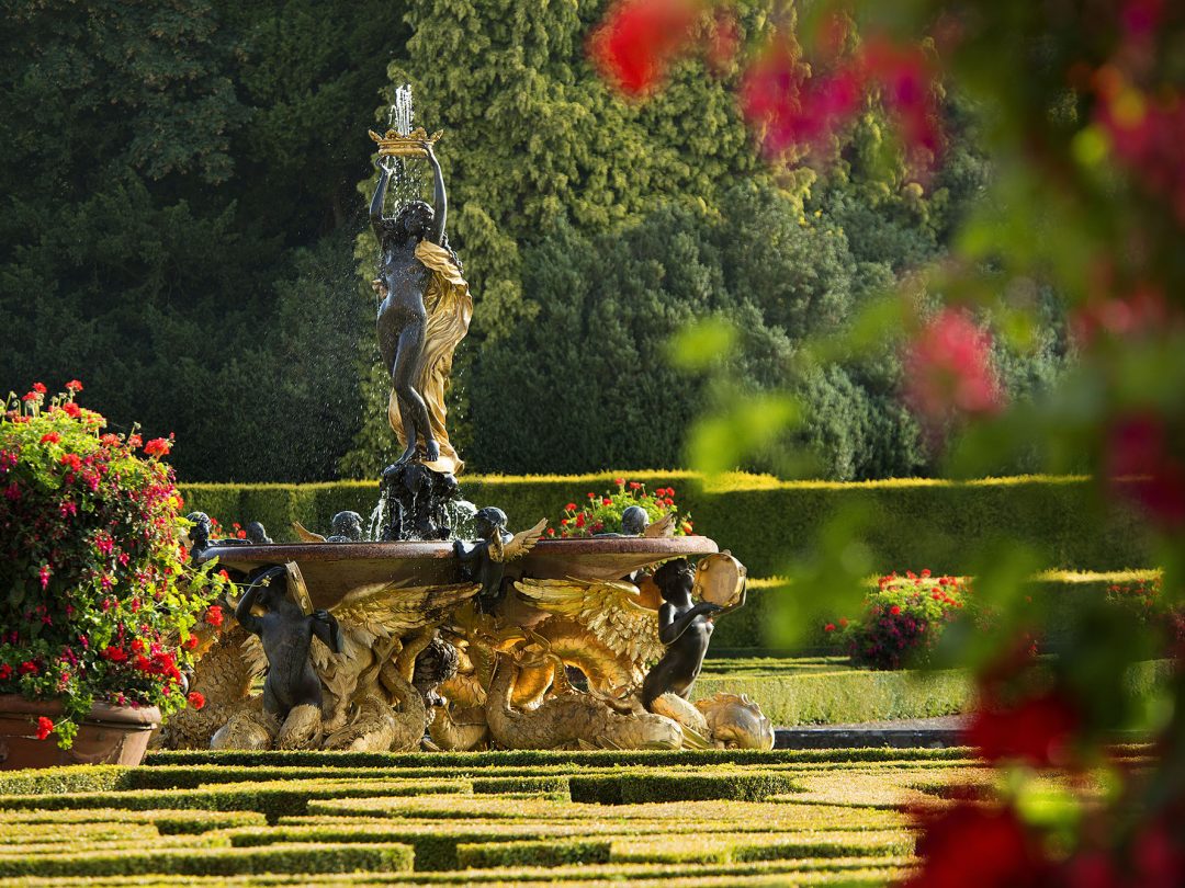 The gilded fountain at the centre of the Italian Garden, surrounded by clipped box scrollwork