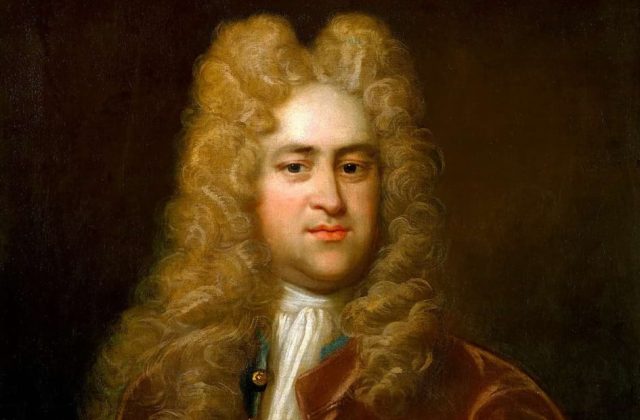 A portrait of Sir John Vanbrugh, the architect of Blenheim Palace, in a full wig and russet coat