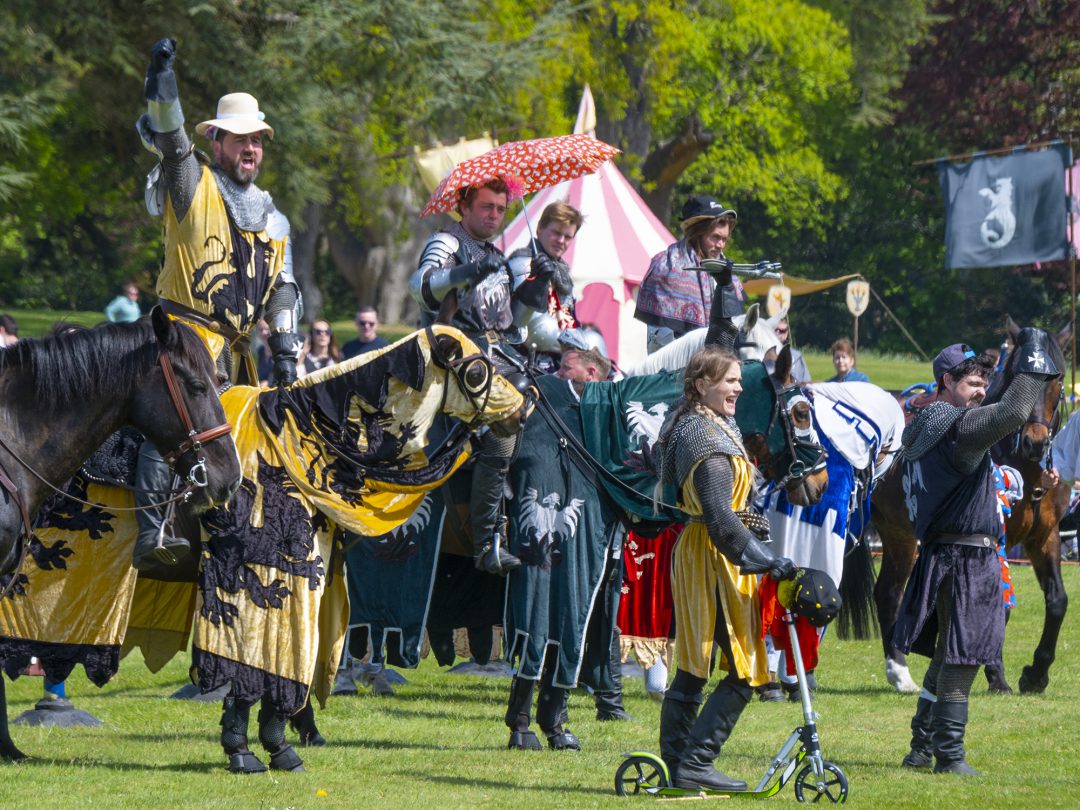 Costumed knights on horseback in heraldic caparisons at a jousting display