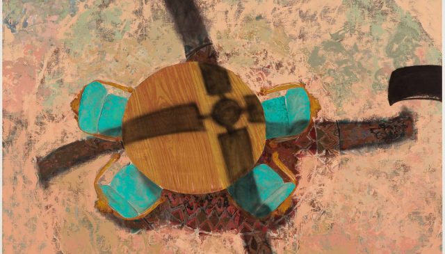 A painting by Mohammed Sami of a round table seen from above, with turquoise seats around it