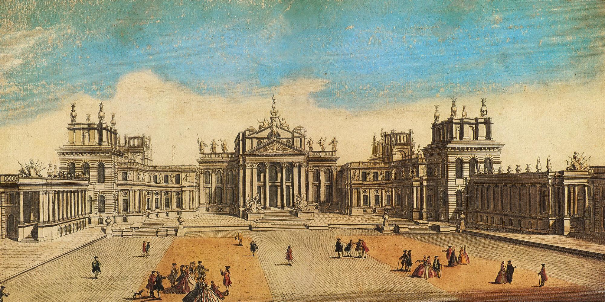 An eighteenth-century coloured engraving of the north front of Blenheim Palace, with figures strolling in the Great Court