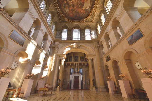 The Great Hall at Blenheim Palace, looking towards the arch to the Saloon beneath Thornhill's painted ceiling