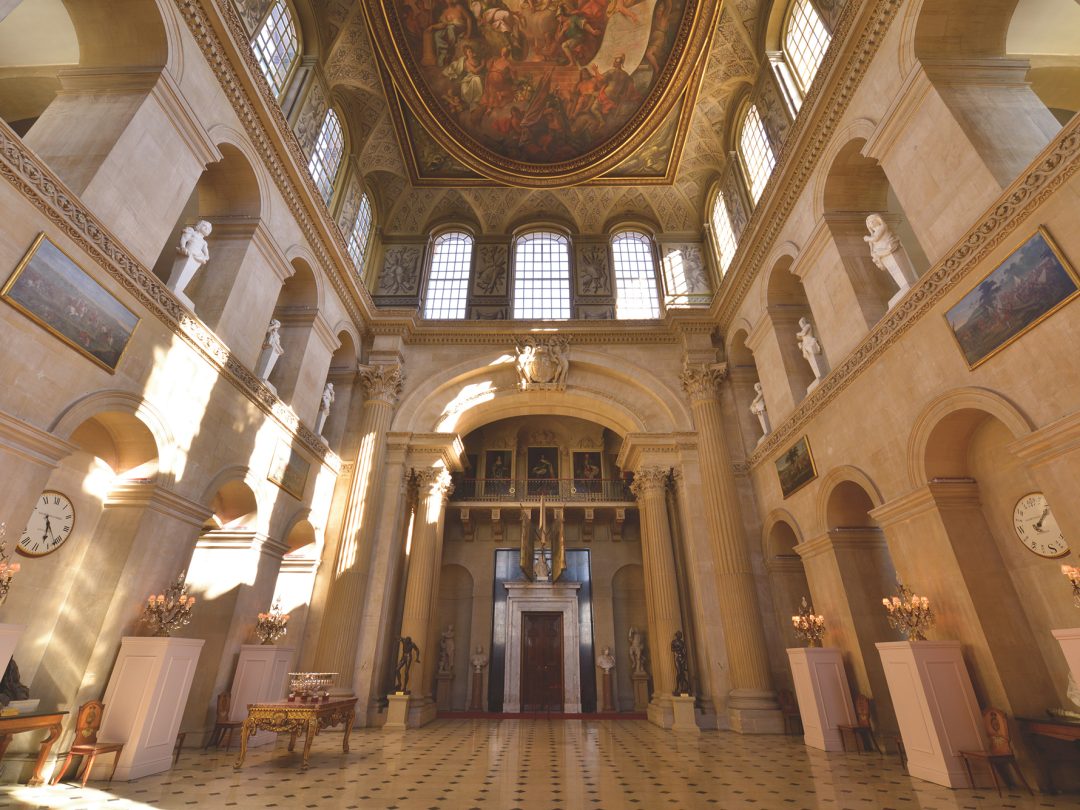The Great Hall at Blenheim Palace, looking towards the arch to the Saloon beneath Thornhill's painted ceiling