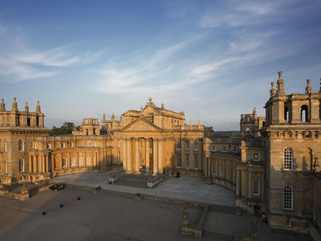 The north front of Blenheim Palace and its Great Court in evening light