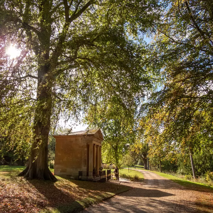 The Temple of Diana, a small columned temple, with sunlight streaming through a tree beside it