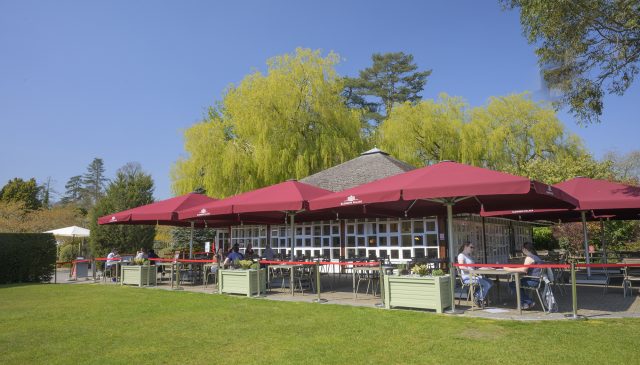 Terrace seating under red parasols outside the Pizza Cafe, with willow trees and lawn beyond