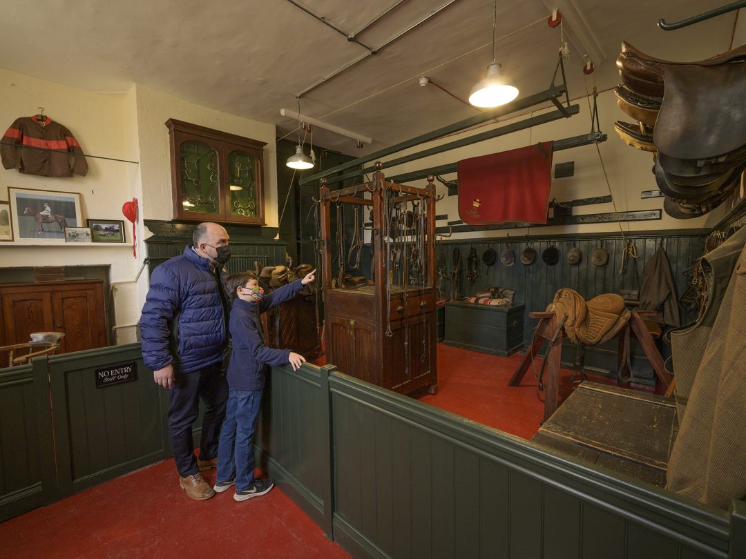 A man and child looking at saddles and harness in the stables tack room display