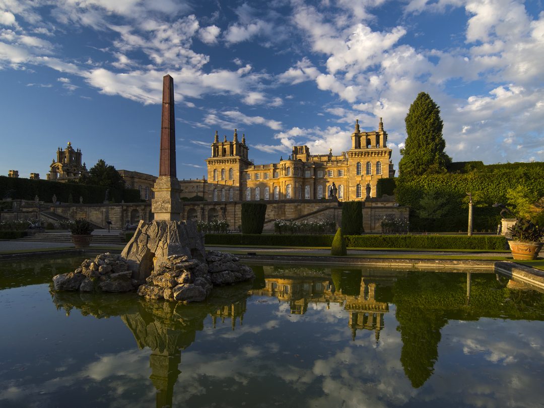 The Water Terraces and their obelisk fountain, with the Palace reflected in the still pool