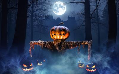 Illustration of a glowing pumpkin-headed scarecrow and carved pumpkins under a full moon, with the Palace in silhouette