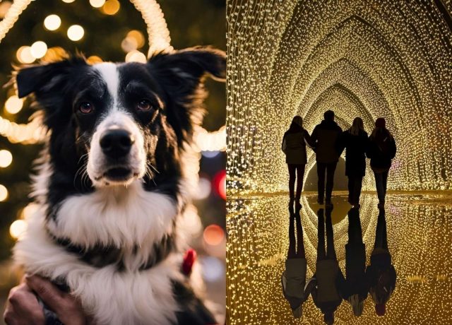 A dog among festive lights alongside visitors walking through an illuminated tunnel
