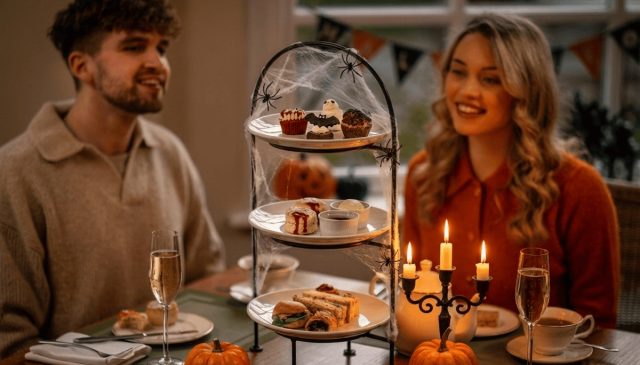 A smiling couple share afternoon tea with champagne, the stand decorated with webs and pumpkins