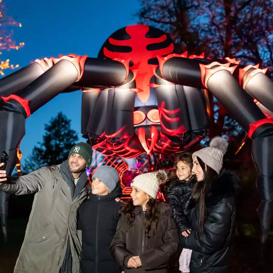 Halloween set at dusk: a smoking stone crypt with skeletons, coffins and gravestones